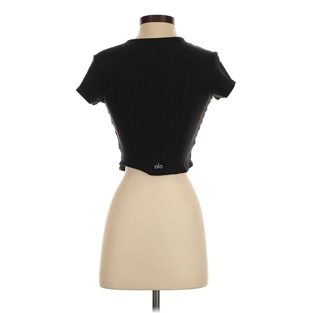 Alo Yoga Black Ribbed Cropped V-Neck Top – Size XS